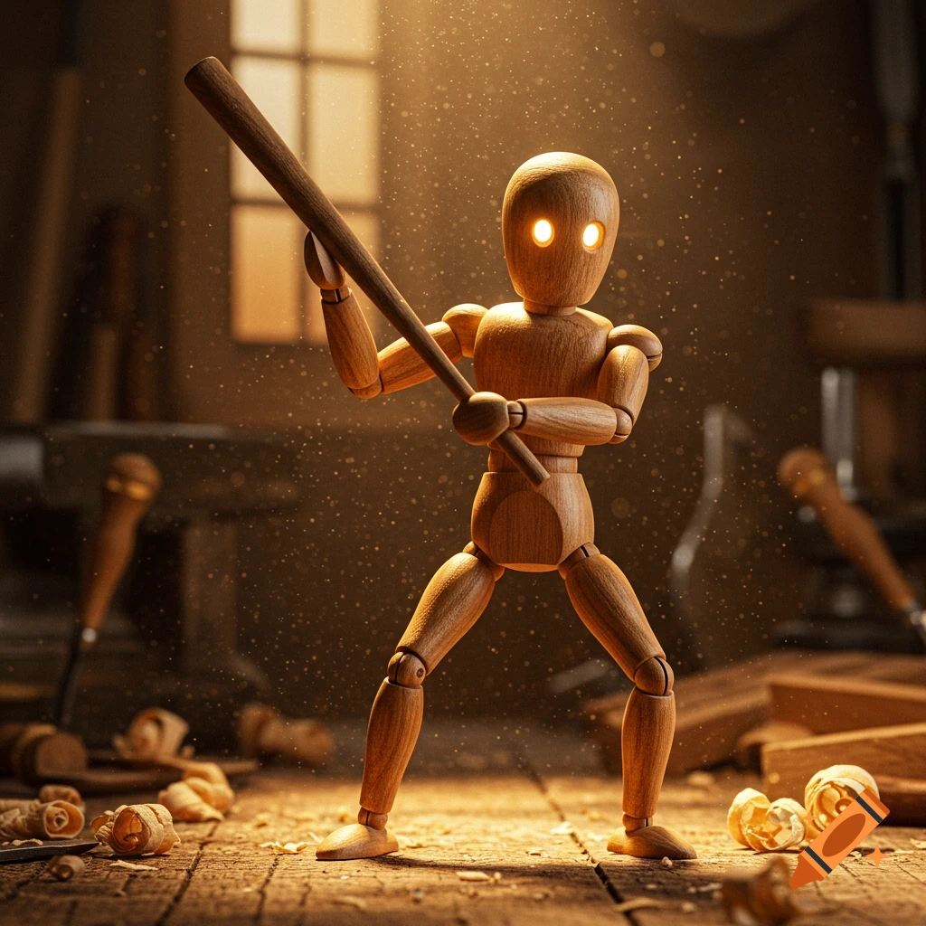 A wooden artist's mannequin with glowing eyes holds a wooden bat in a dusty, sunlit woodworking workshop.