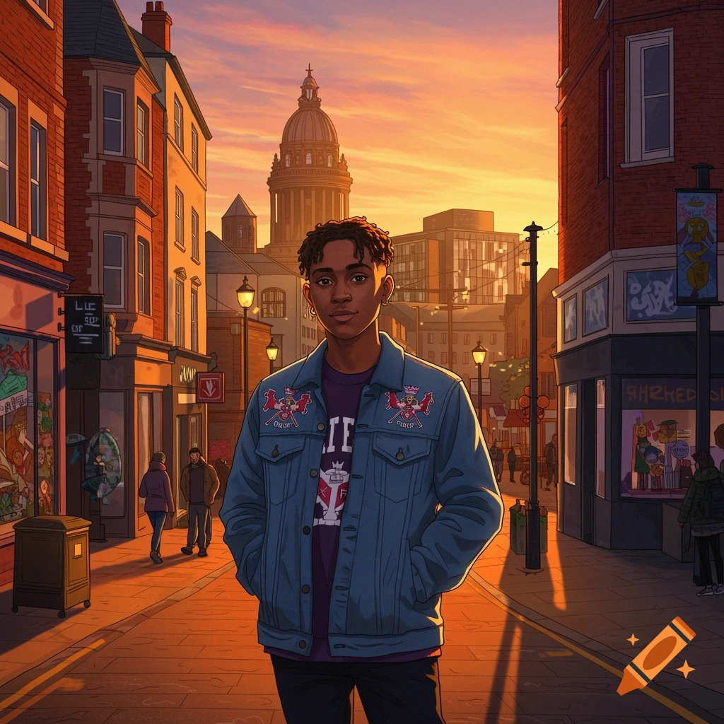 Cartoon-style illustration of a young person with dreadlocks standing on a city street at sunset, wearing a denim jacket and purple shirt, with buildings and a large dome in the background.