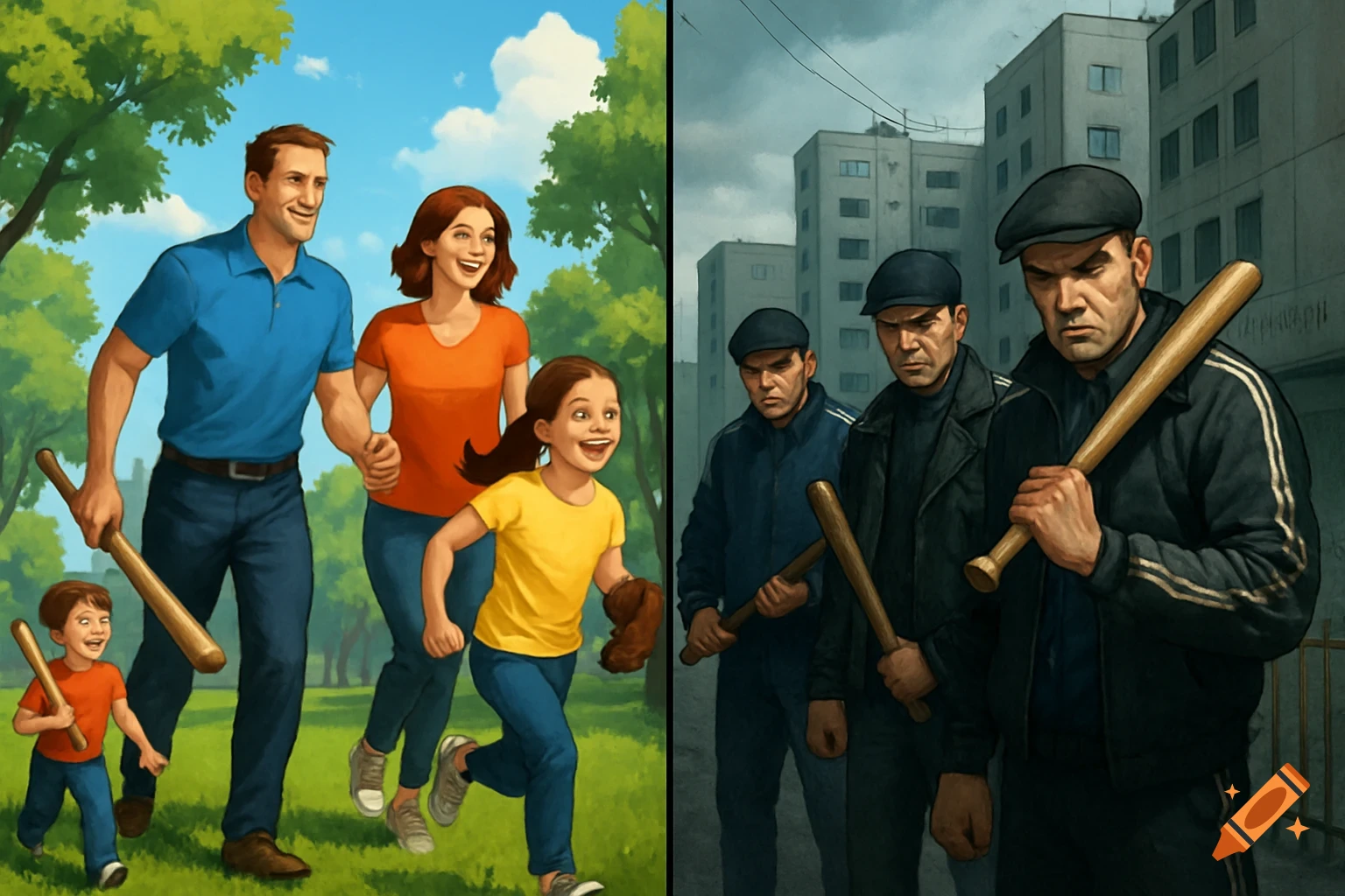 A split image showing a happy family playing baseball in a park on the left, and menacing men with bats in a bleak urban environment on the right.
