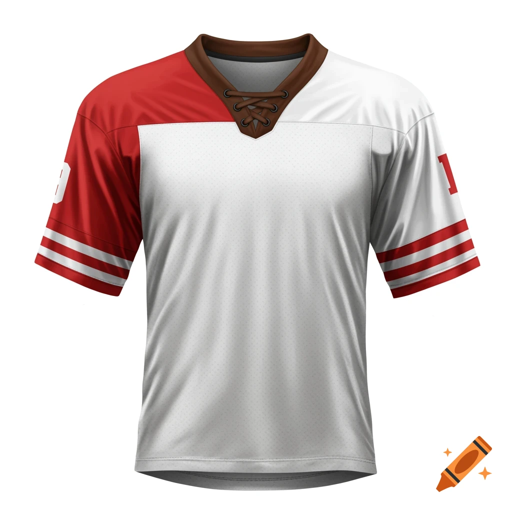 A vintage-style football jersey with a red left shoulder and sleeve, and a white right shoulder and sleeve. The body is white with a brown lace-up collar. The sleeves have thin red stripes.