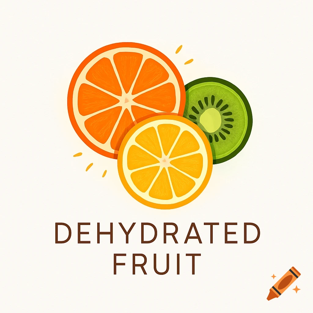 A logo featuring an orange slice and a kiwi slice above the text 'DEHYDRATED FRUIT' on a light background, in a clean, graphic style.