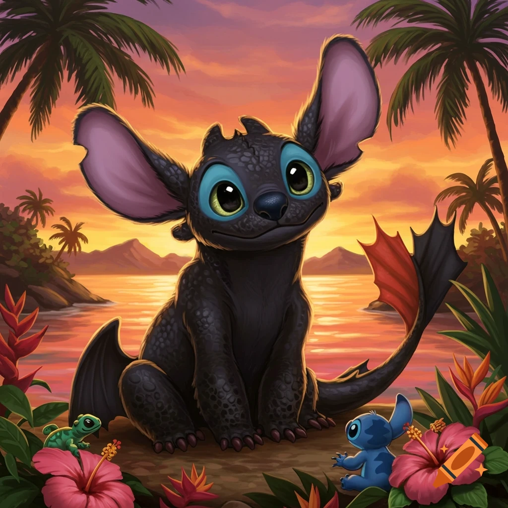 A cute black Toothless-Stitch hybrid with large ears and blue eyes sits on a tropical beach at sunset, with palm trees, flowers, a gecko, and a small Stitch doll.