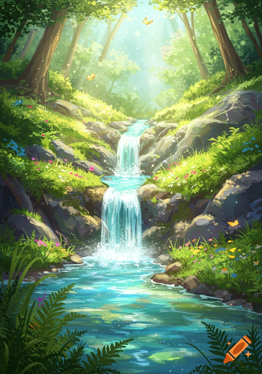 A vibrant, lush green forest scene with a two-tiered waterfall, clear stream, sunlit trees, and butterflies.