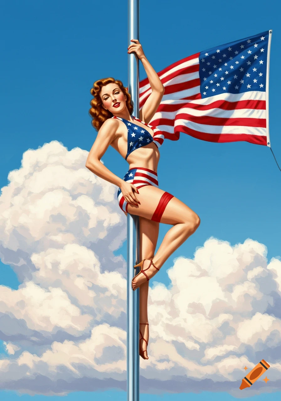 Vintage pin-up illustration of a woman in an American flag bikini on a flagpole with a US flag against a blue sky with clouds.