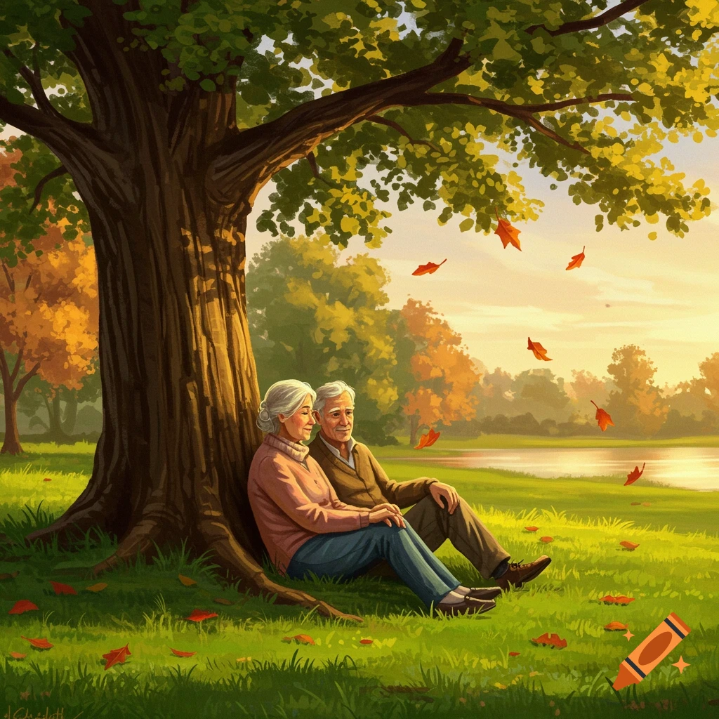 Painting of a serene elderly couple sitting under a large tree with autumn leaves falling in a peaceful park setting.