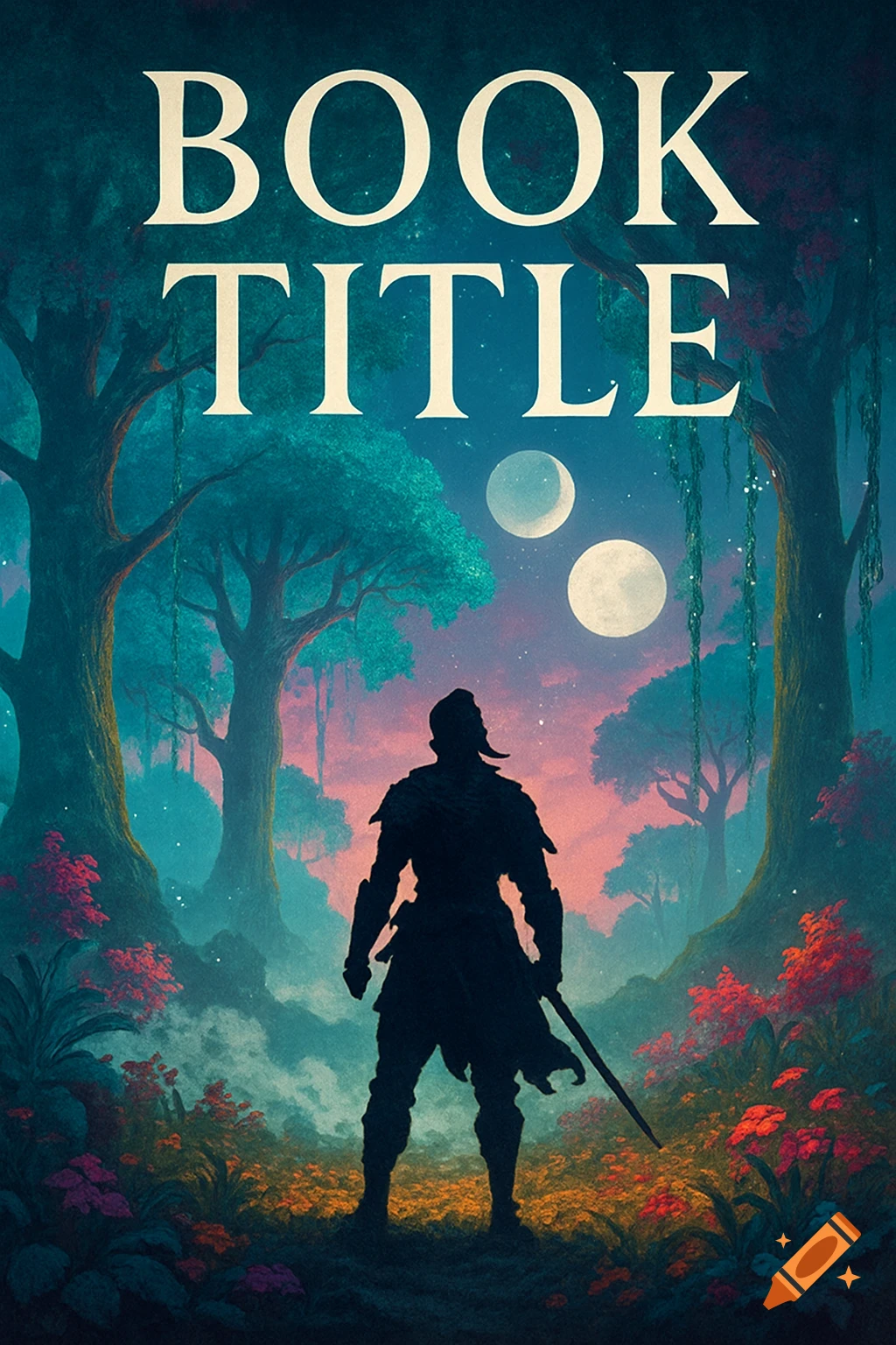 A silhouetted warrior stands in a vibrant, misty fantasy forest under two moons, in the style of a book cover with the words 'BOOK TITLE'.