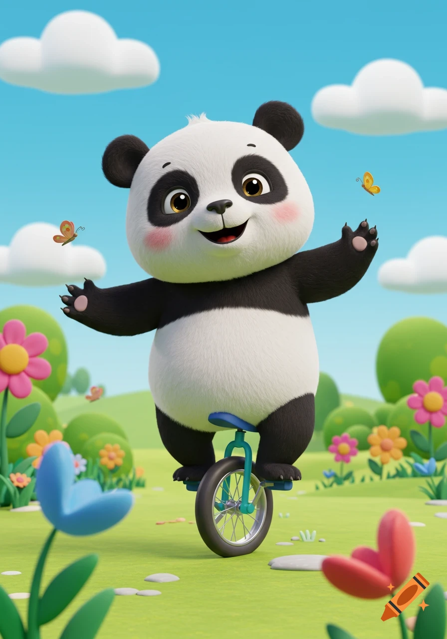 A cute, smiling cartoon panda with rosy cheeks rides a unicycle in a bright green field with colorful flowers under a blue sky.
