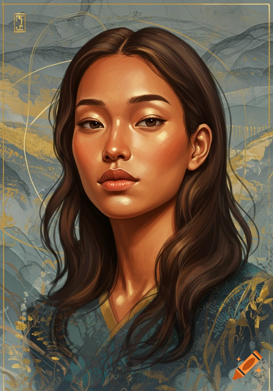 Digital portrait of a woman with dark hair, looking forward, against a teal and gold abstract background.