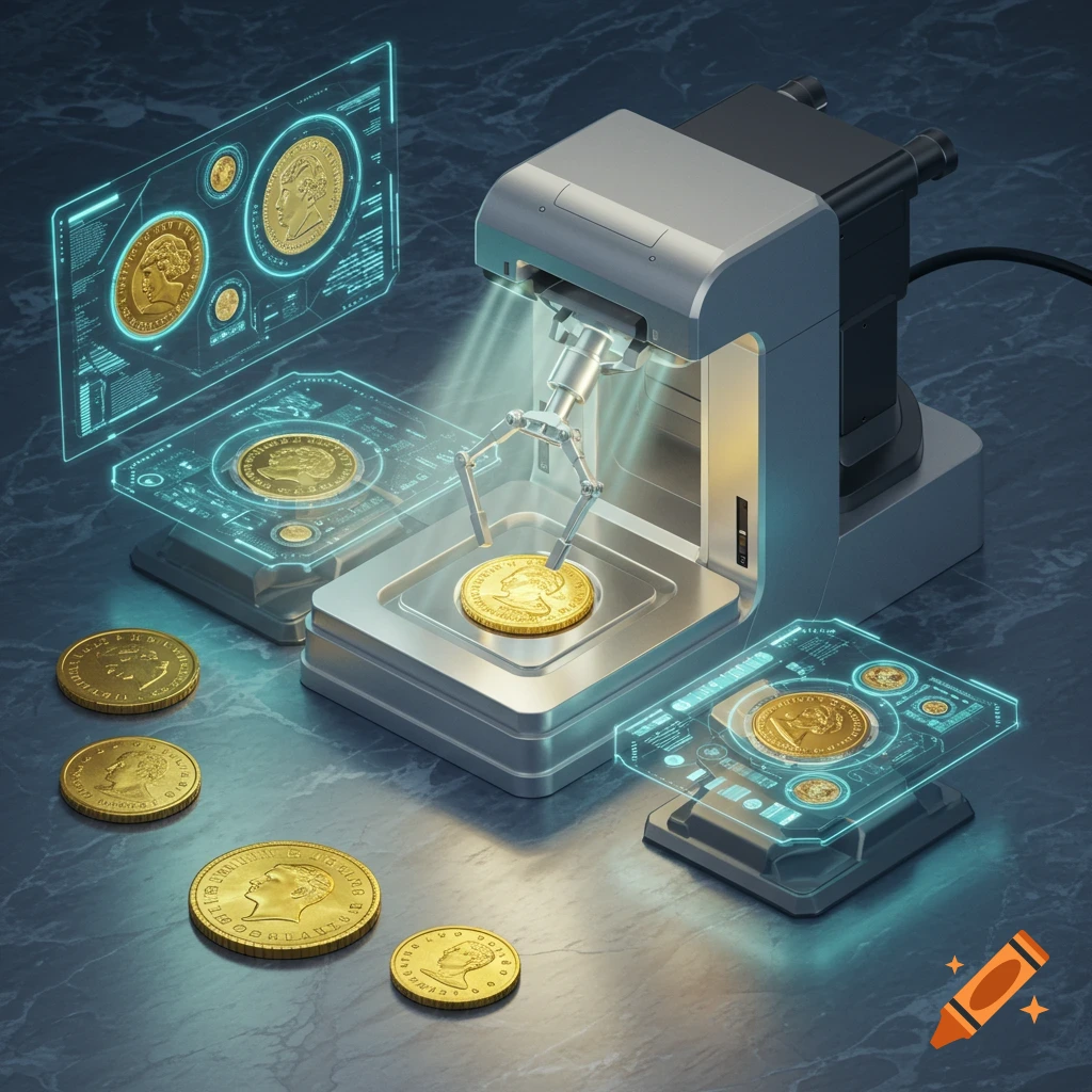 A futuristic AI machine with a robotic arm grading gold coins, surrounded by holographic data displays.