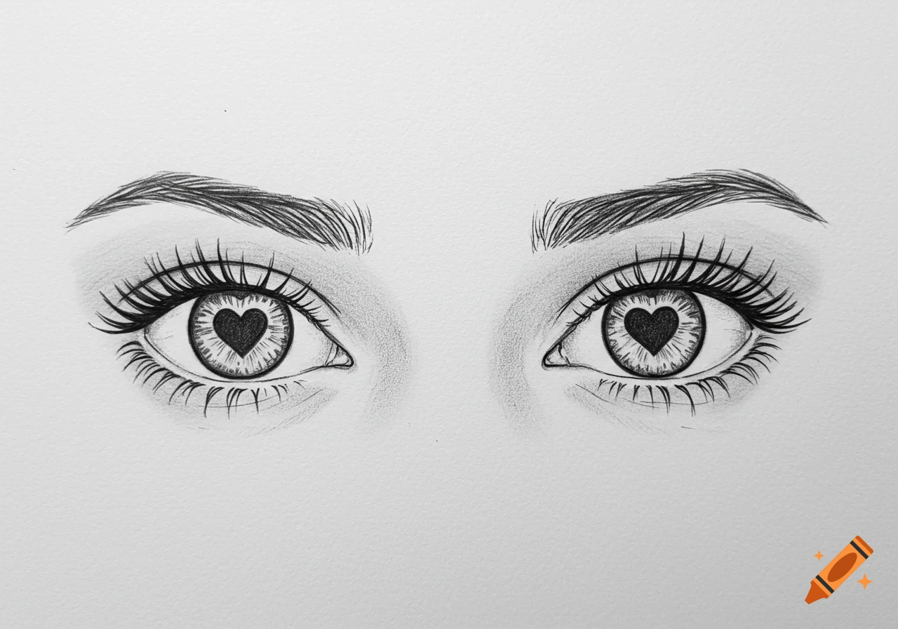 A detailed pencil sketch of a pair of human eyes with heart-shaped pupils on a white background.