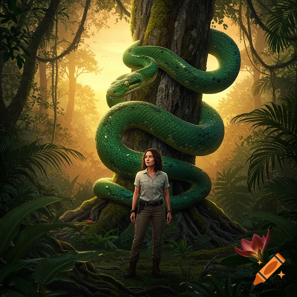 A woman stands in a lush, sunlit jungle, looking up at a massive green snake coiled around a tall tree.