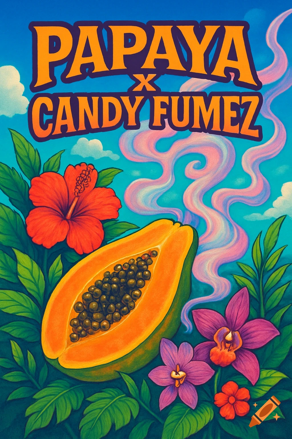 A vibrant illustration of a sliced papaya with seeds, tropical flowers, and leaves. Large text reads 'PAPAYA x CANDY FUMEZ' against a blue sky with pink and purple smoke.