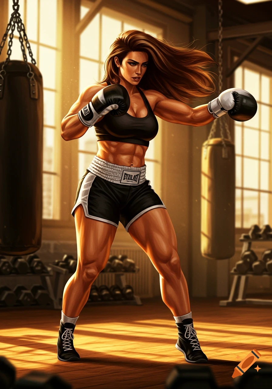 A muscular woman with long brown hair in boxing gear, ready to punch in a sunlit gym with punching bags.
