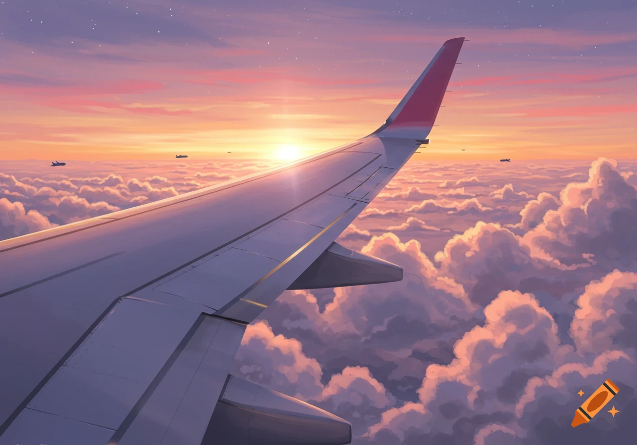 View from an airplane wing over clouds during a vibrant sunset, with faint distant aircraft.