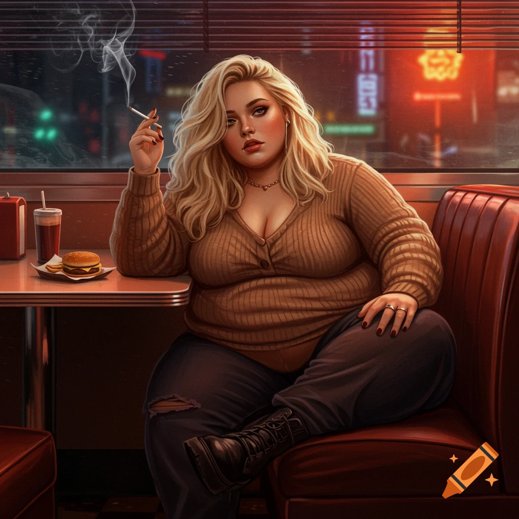 A blonde, plus-size woman in a brown sweater sits in a diner booth, smoking a cigarette with a burger and drink on the table.