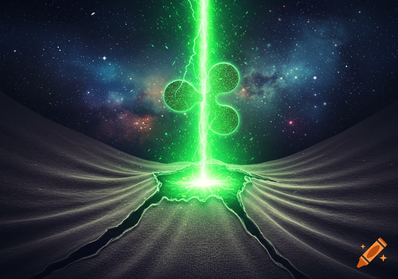 A glowing green XRP symbol bursts through a ripped grey fabric, casting a bright green beam into a vibrant starry galaxy.