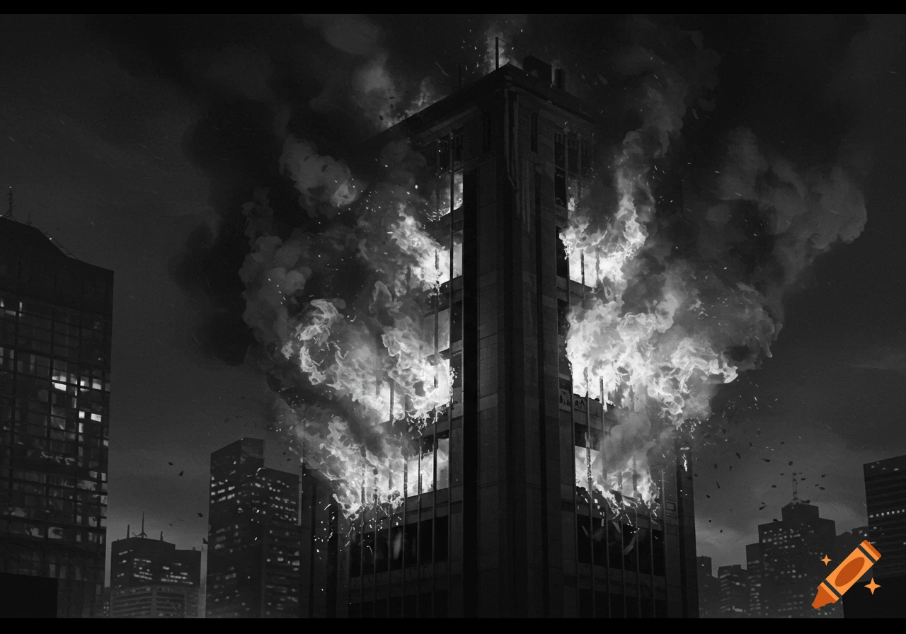 A tall grayscale building in a city engulfed in flames and smoke at night.