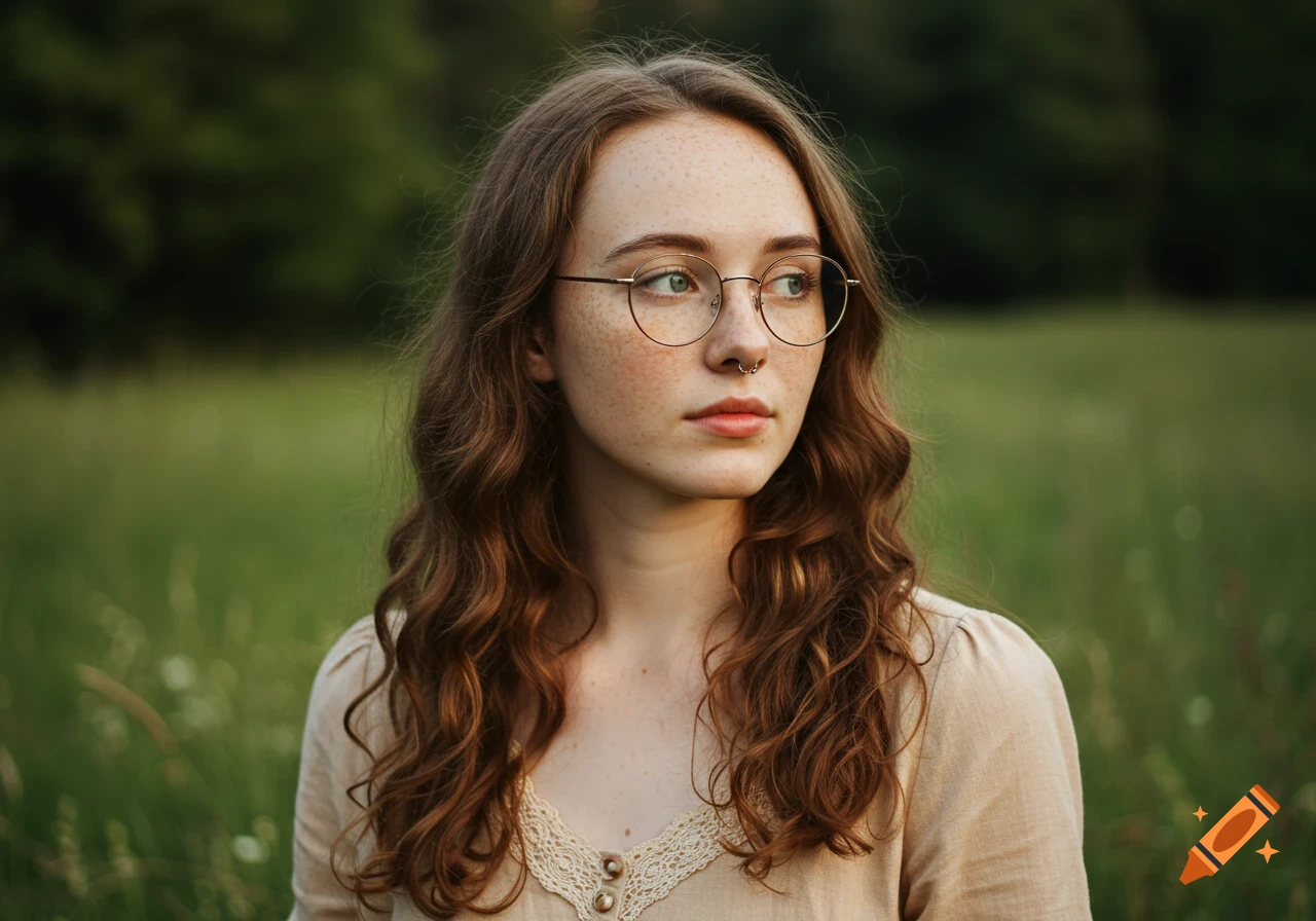 A young woman with curly brown hair, freckles, glasses, and a septum ring looks to the right in a grassy field.