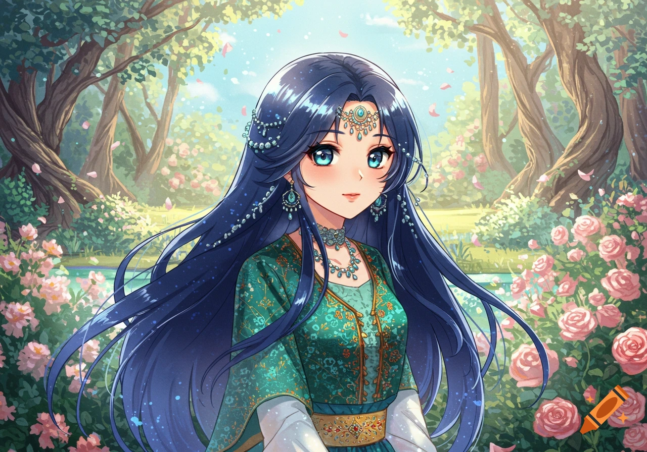 Anime-style portrait of a girl with long blue hair in ornate green traditional attire, in a lush flower garden.