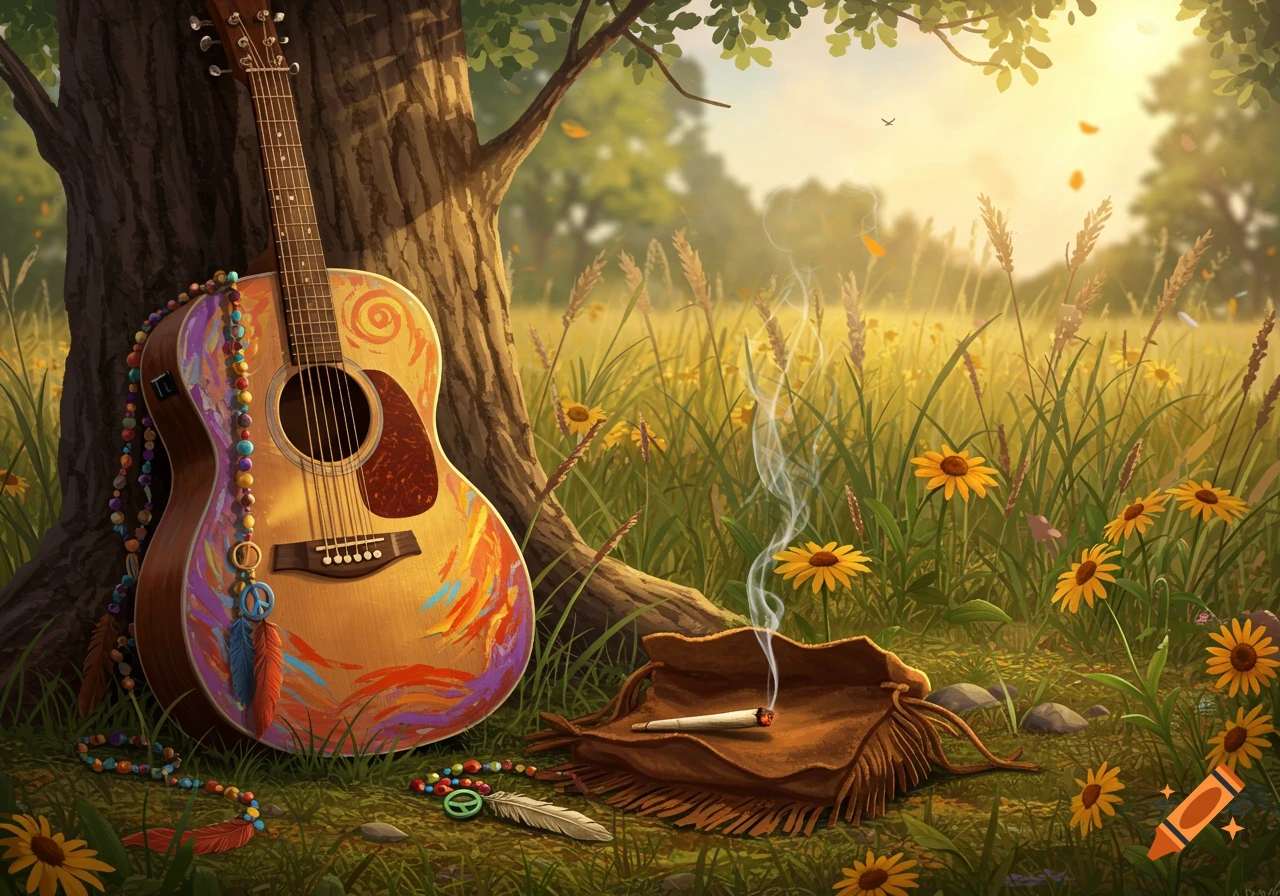 An acoustic guitar with colorful art leans against a tree in a sunny field of yellow flowers, with a smoking joint in a fringed leather pouch nearby.