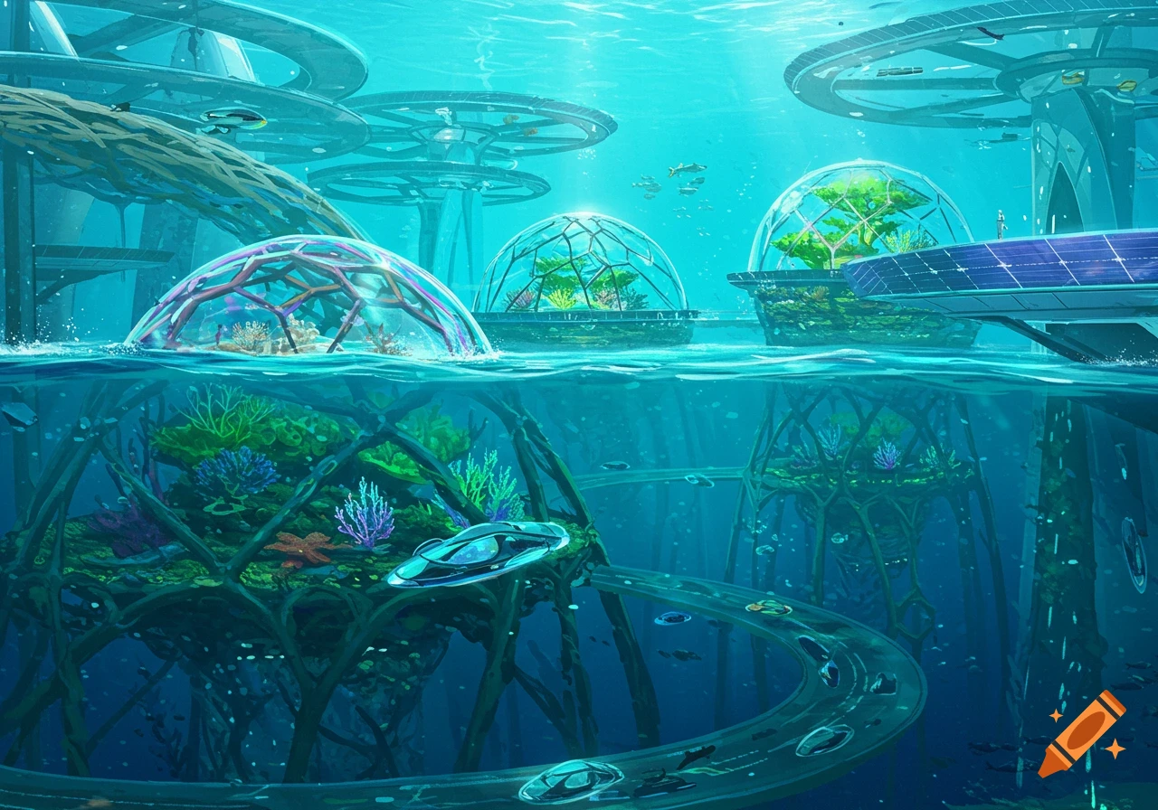 Vibrant illustration of a futuristic underwater city with transparent domes and sub-aquatic vehicles.