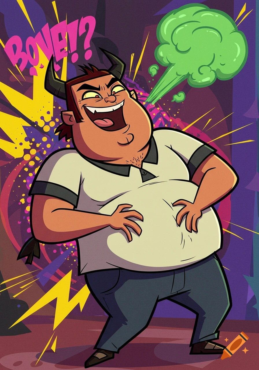 A cartoon character with horns and a big laugh clutches his belly as green smoke billows from his face, against a chaotic background.