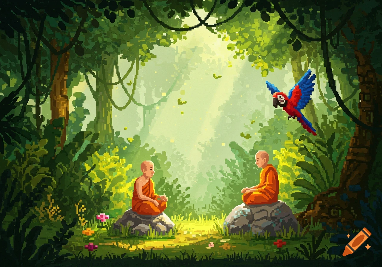 Two monks meditate on rocks in a sunlit 8-bit pixel art jungle with a red and blue parrot flying overhead.