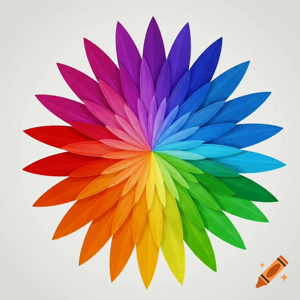 A vibrant color wheel made of overlapping, stylized petals in a full spectrum of hues, from red to violet, against a white background.