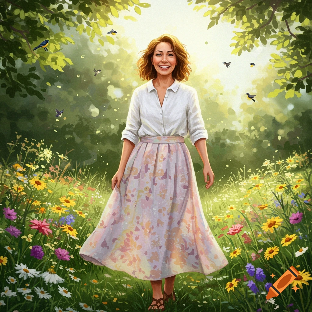 A smiling woman in a white shirt and floral skirt walks through a sunny meadow filled with colorful wildflowers.
