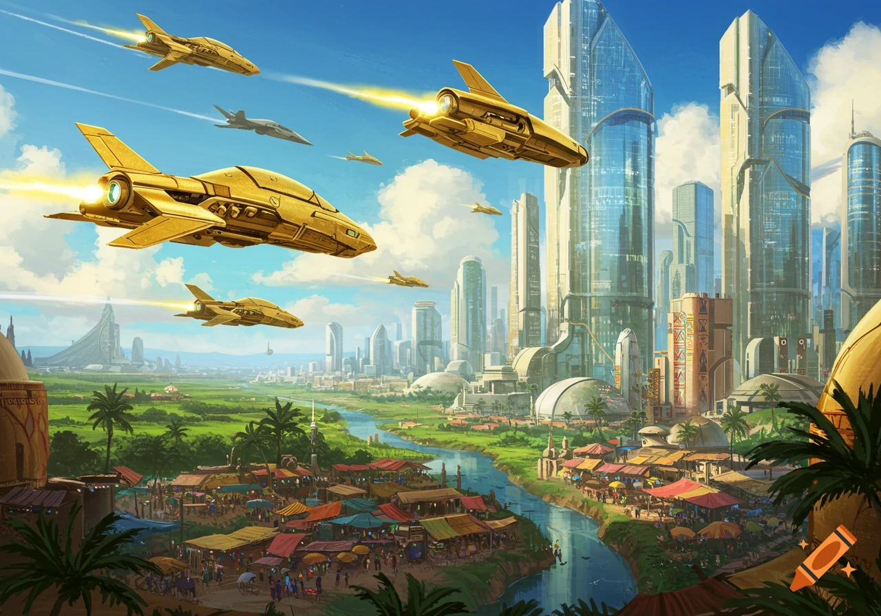 Golden jets fly over a bustling futuristic African city with tall skyscrapers, a river, and a vibrant market below.