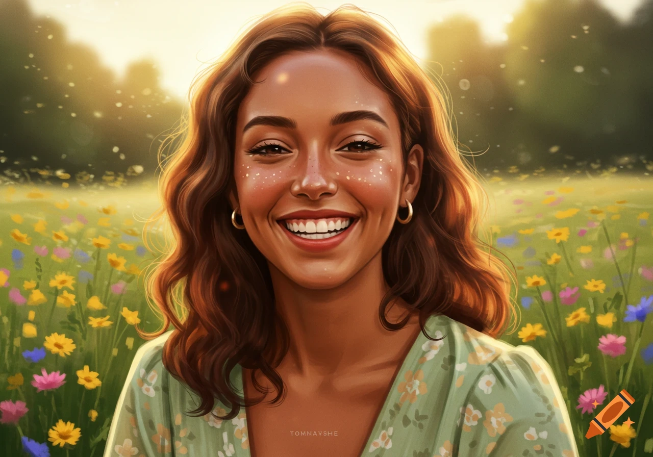 A close-up digital art portrait of a smiling young woman with long brown hair, wearing a floral green top, standing in a sunny field of colorful flowers.