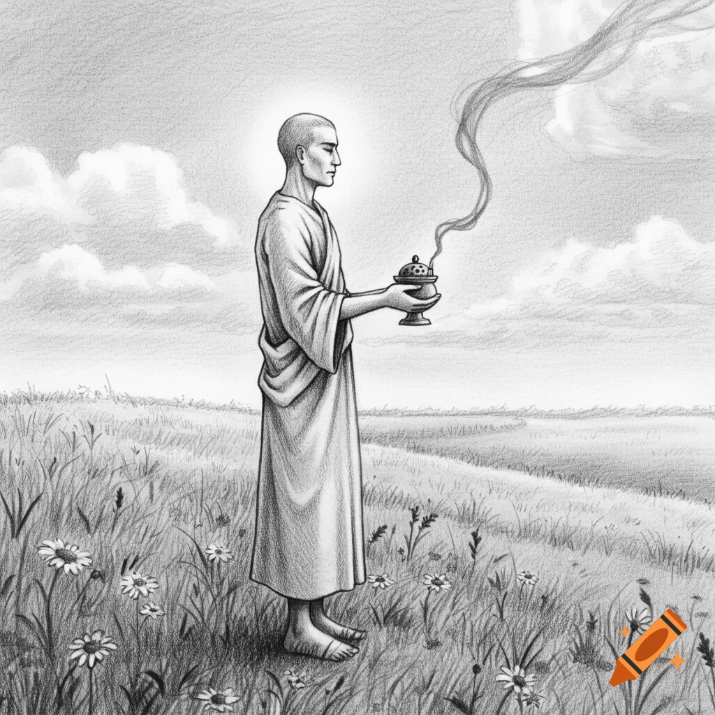 Pencil sketch of a robed man holding an incense burner in a field of flowers under a cloudy sky.