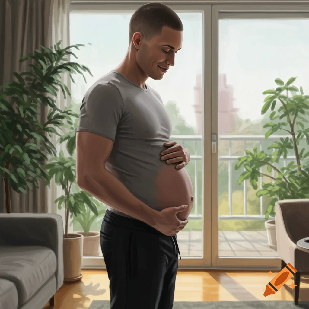 A man with a large pregnant-like belly stands indoors, holding his stomach and smiling down at it.