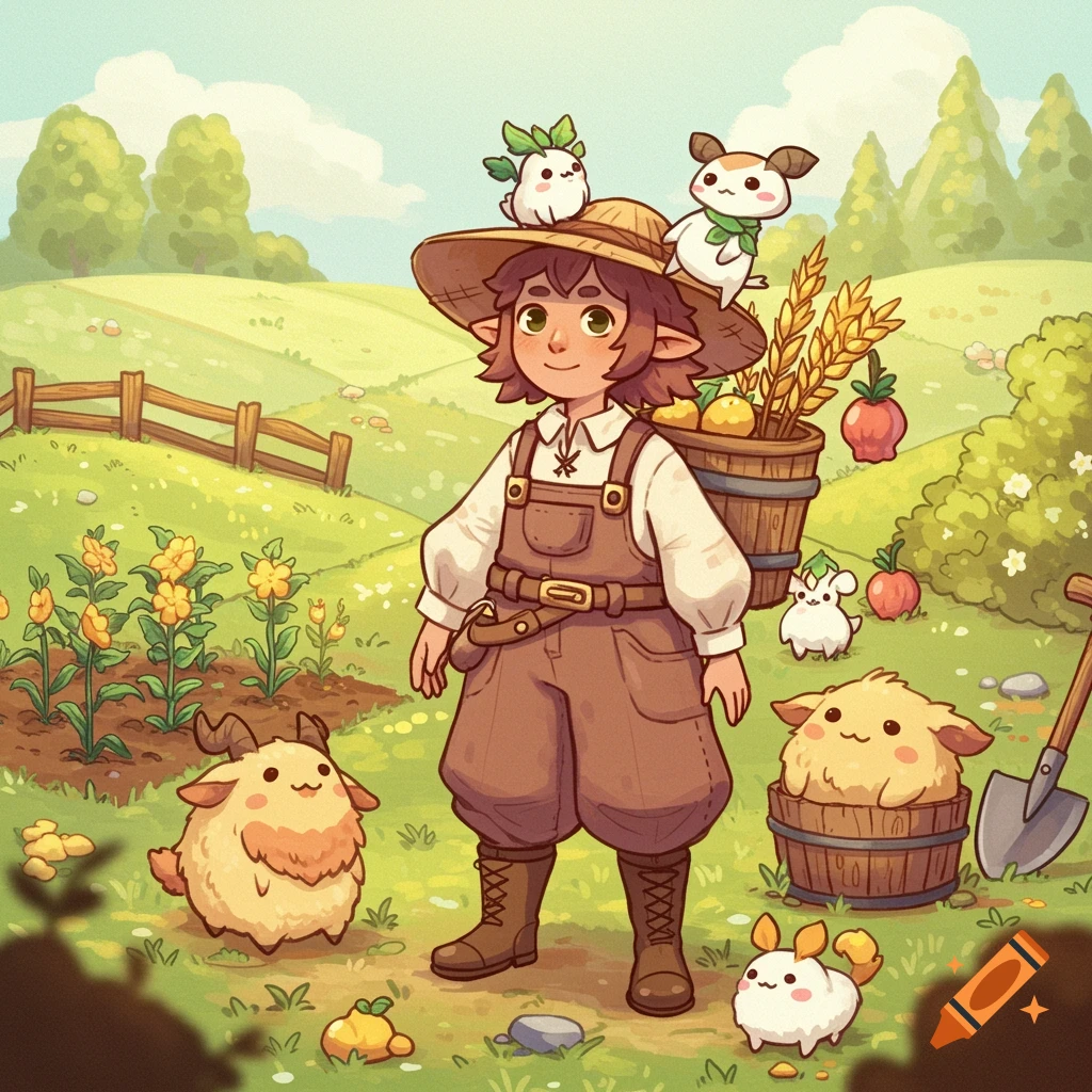 A cute, elven farmer with a straw hat stands in a lush green field surrounded by adorable, fluffy farm creatures and crops.