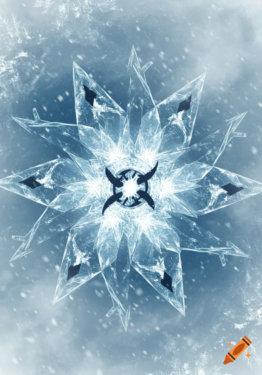 A stylized ice snowflake with sharp crystal edges and a dark, abstract symbol in its center, set against a light blue, snowy background.