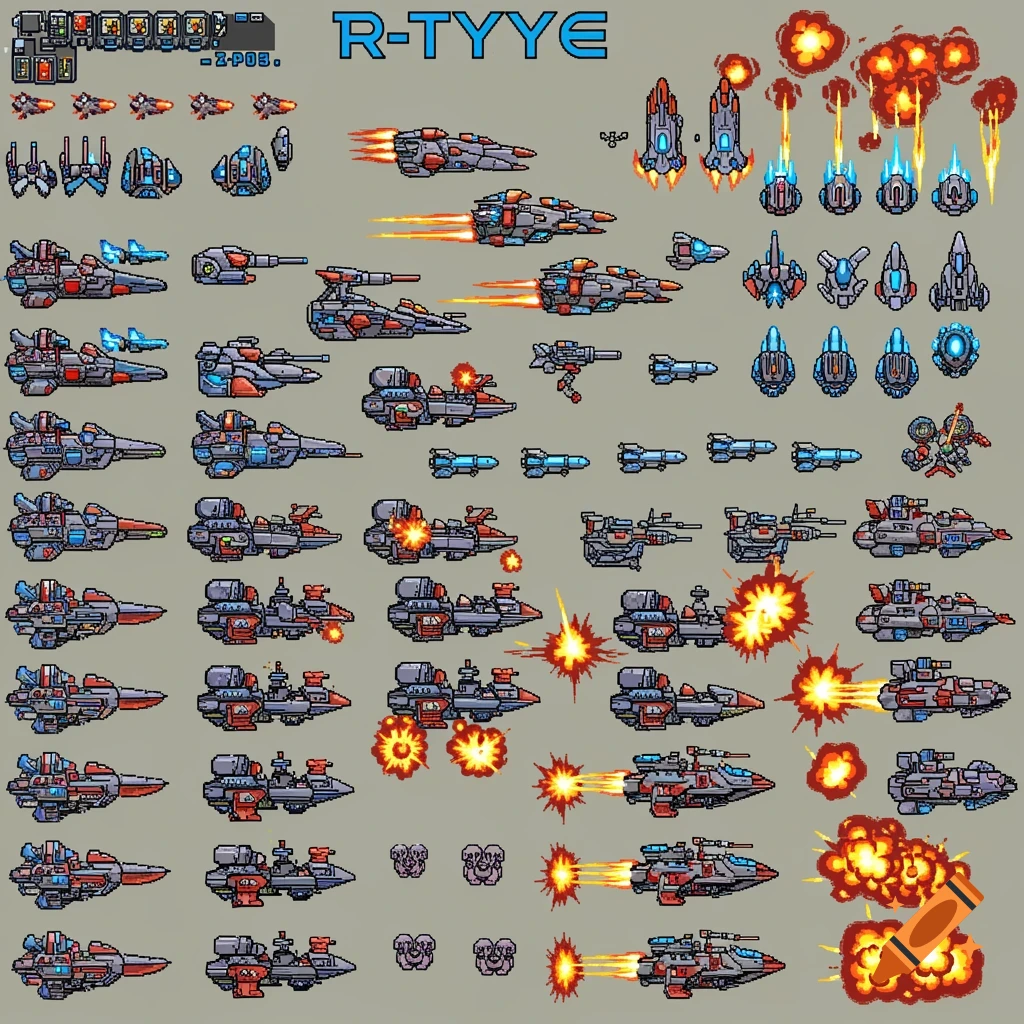 A pixel art sprite sheet features numerous spaceships, smaller fighter planes, missiles, and various explosion effects for an R-Type game.
