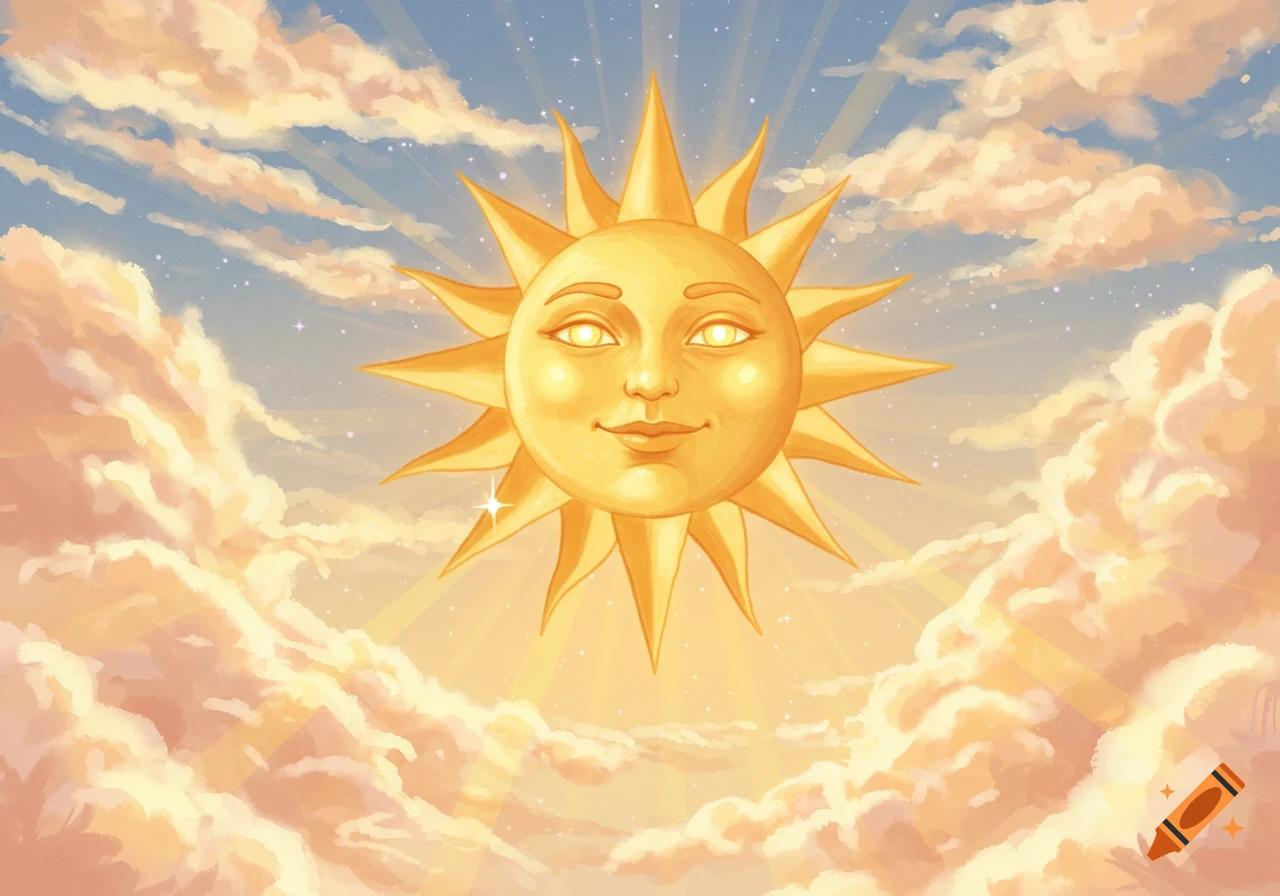 A smiling, stylized sun with a face shines brightly amidst a sky filled with fluffy clouds and sunrays.