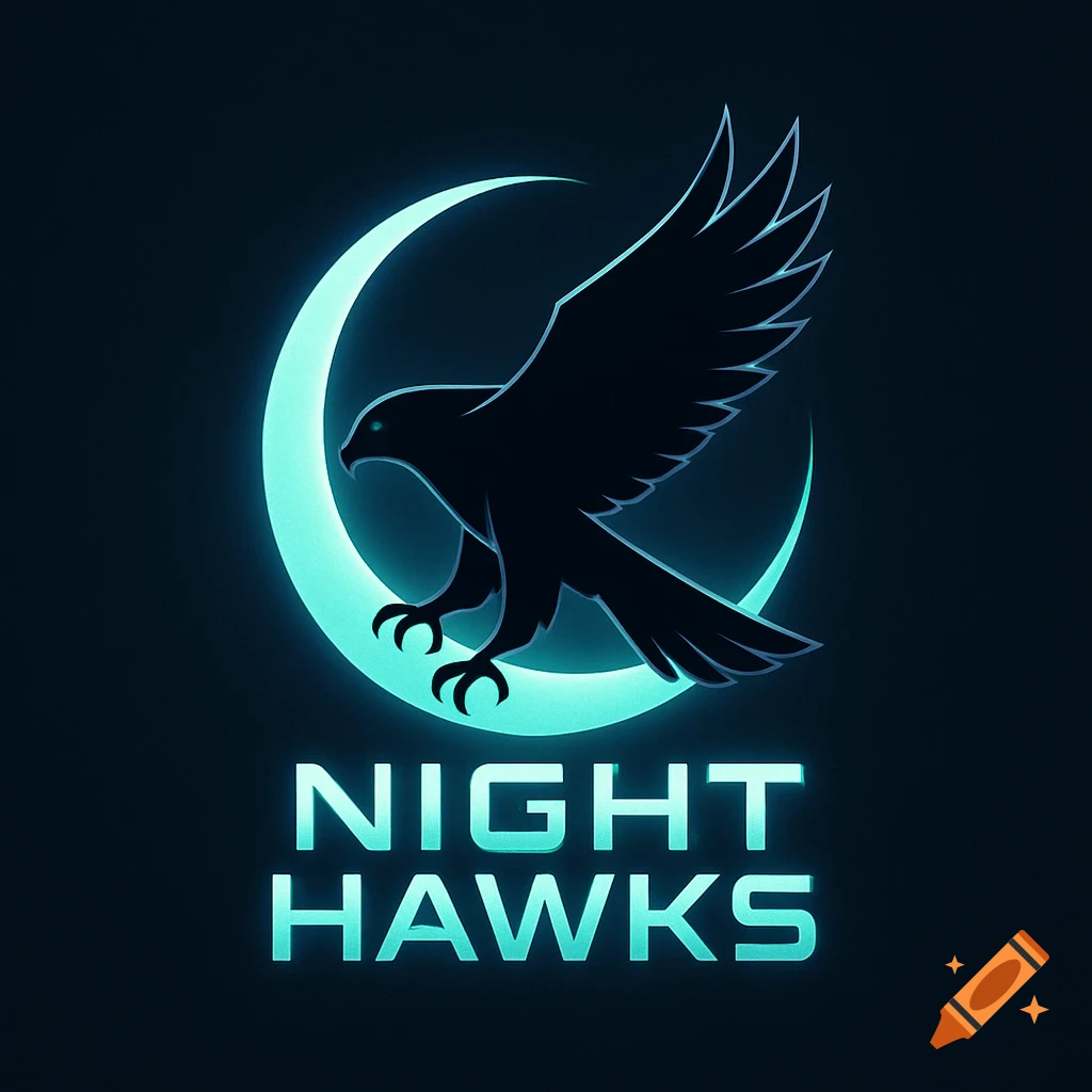 A stylized dark silhouette of a hawk flying in front of a glowing cyan crescent moon, with the text 'NIGHT HAWKS' below.
