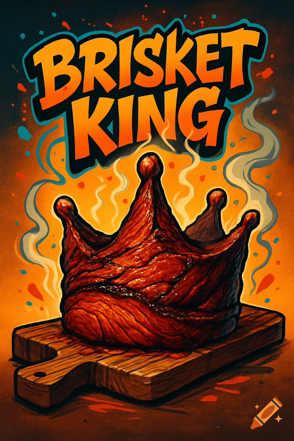 Stylized illustration of a brisket crown on a cutting board with steam. 'BRISKET KING' text above.