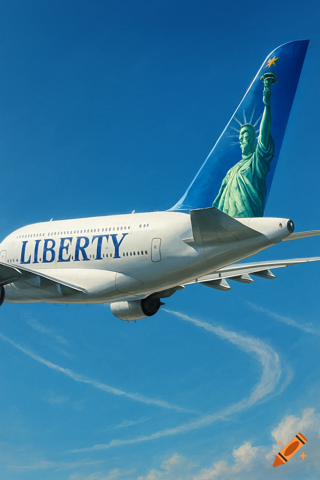 A white airplane with 'LIBERTY' written on its side and the Statue of Liberty painted on its tail flies under a clear blue sky.