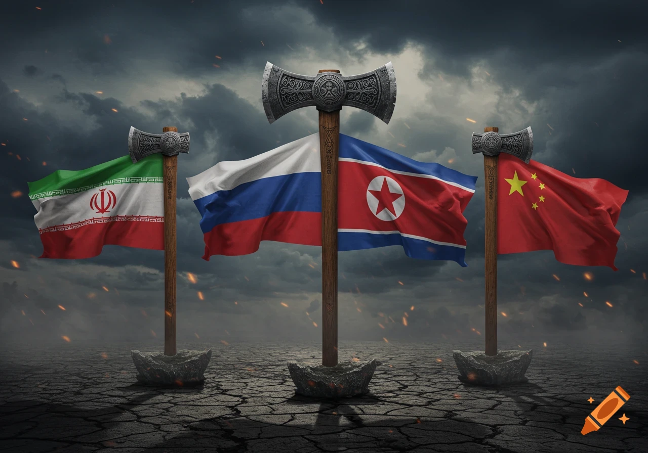 Flags of Iran, Russia, North Korea, and China mounted on ornate axes on cracked earth under a stormy sky.