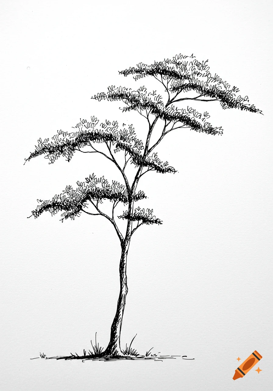 A simple black and white line art sketch of a tree with a slender trunk and sparse leaves.