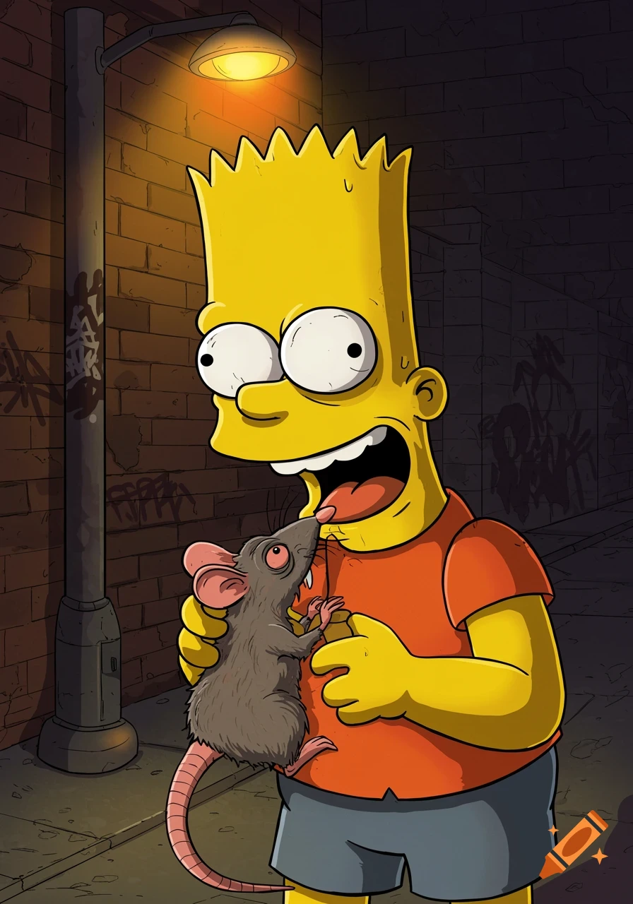 Cartoon Bart Simpson holds a rat under a streetlamp in a dark alley.