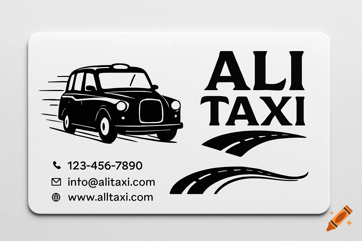 A black and white business card for 'ALI TAXI' featuring a classic taxi car illustration, contact information, and road lines.