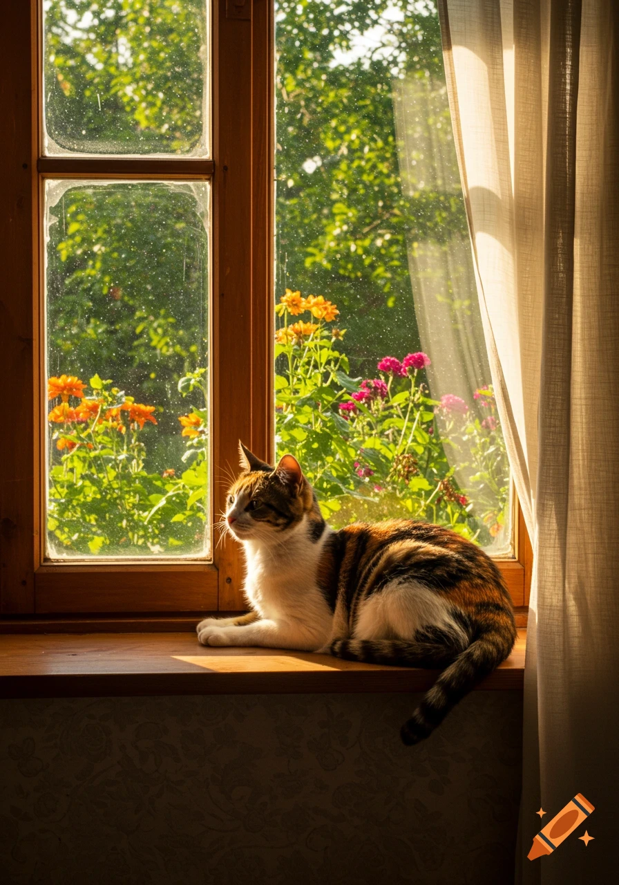 A photorealistic image of a tabby cat lounging on a wooden windowsill, looking out at a sunlit garden with vibrant flowers.