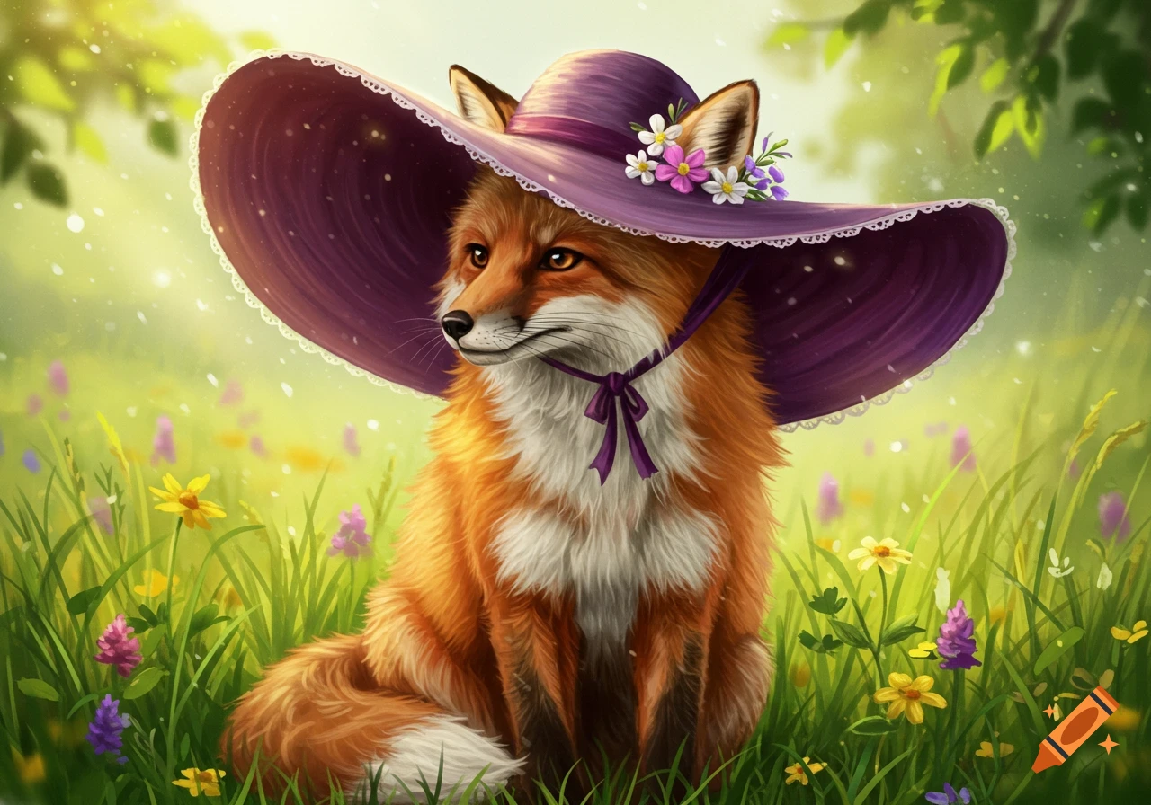 A charming fox wearing a large purple sun hat adorned with small flowers, sitting in a field of colorful wildflowers under a bright sky.