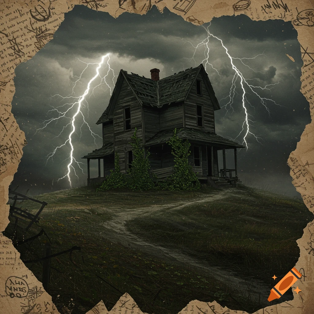 A dilapidated house on a hill, bathed in lightning during a storm, framed by torn old paper with illegible script.