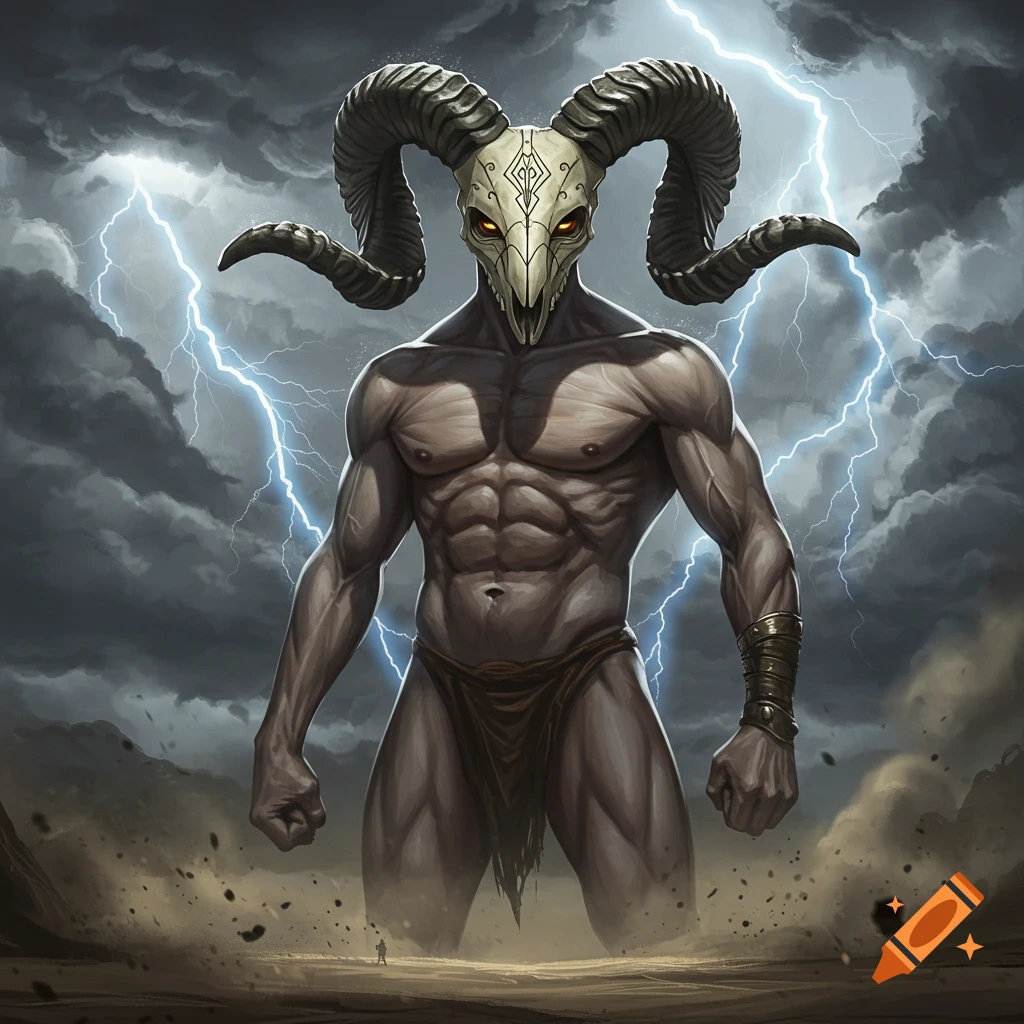 A muscular giant with a ram skull mask stands in a stormy, dusty landscape with lightning in the sky.