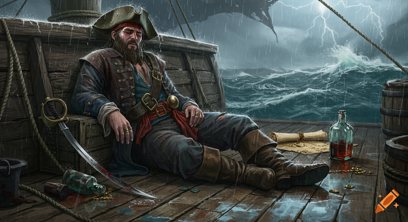 A bearded pirate sleeps on a ship's deck during a stormy night with lightning, waves, a sword, and a bottle nearby. Detailed fantasy art.