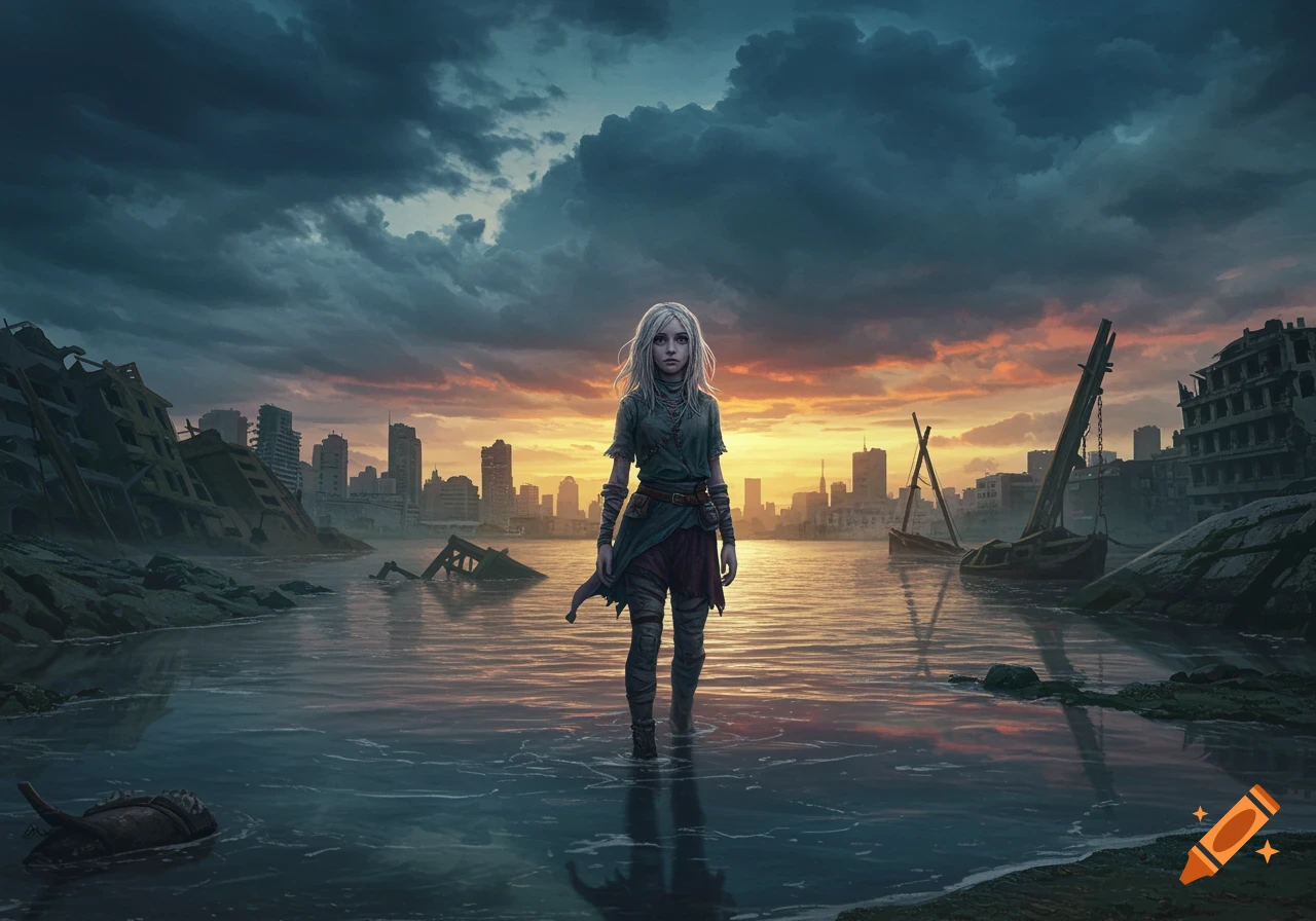 A young girl with white hair stands in floodwaters amidst a ruined city at sunset under a dramatic, cloudy sky.